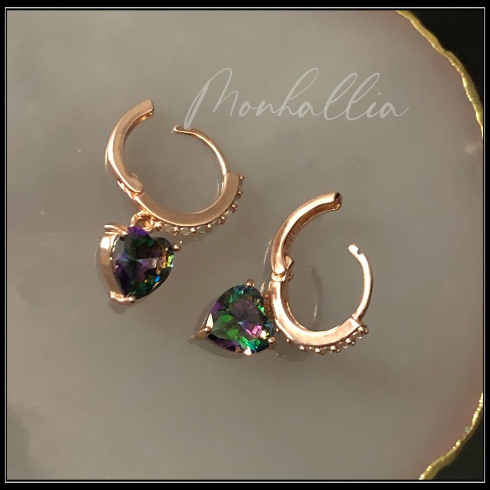 NEW 925 ROSE GOLD SIMULATED MYSTIC TOPAZ DIAMOND HEART HUGGIE EARRINGS - Picture 4 of 6